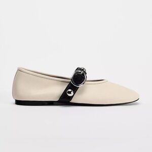Zara Studded Leather Ballet Flats Ivory and Black